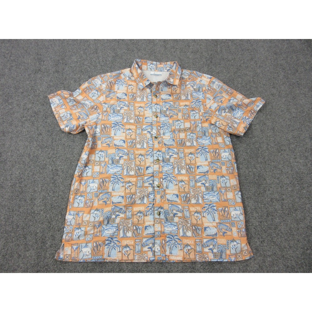 Columbia Shirt Mens M Orange Fish PFG Lined‎ Short Sleeve Button Front Casual